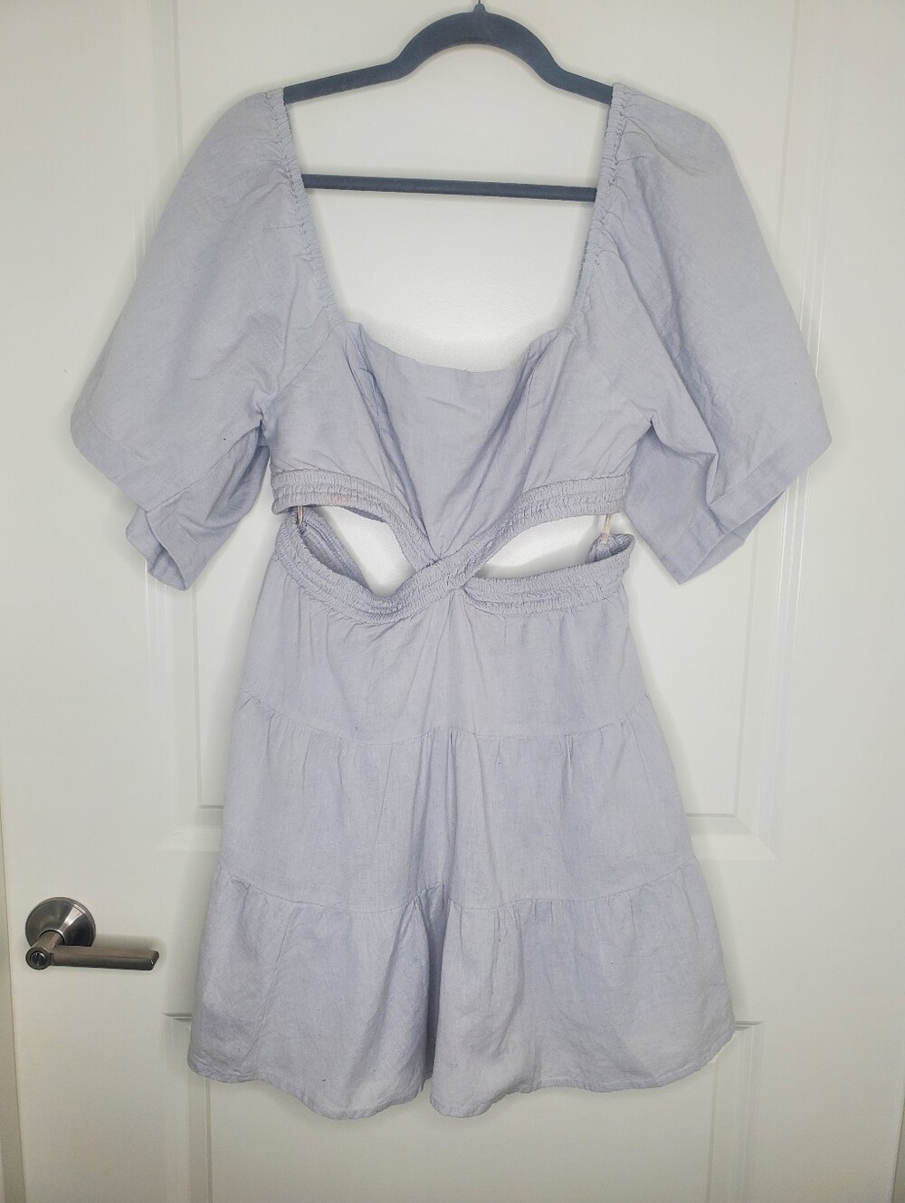 Free People Cross Of Sunlight Gray Linen Smocked Cut Out Tiered Mini Dress - Picture 6 of 12
